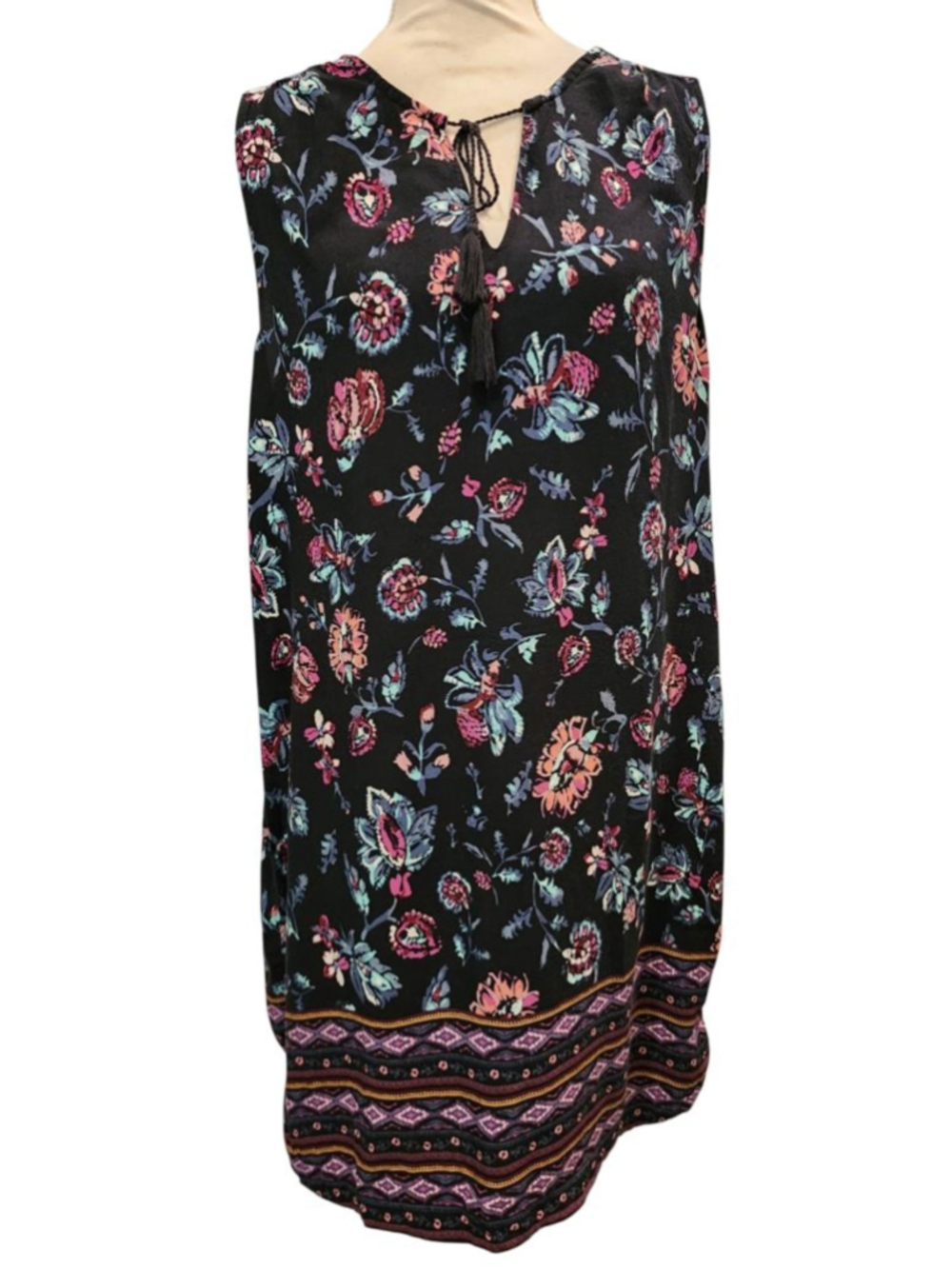 BeachLunchLounge Black Floral Sleeveless Tunic Top Mini Dress Size M Boho Tassel